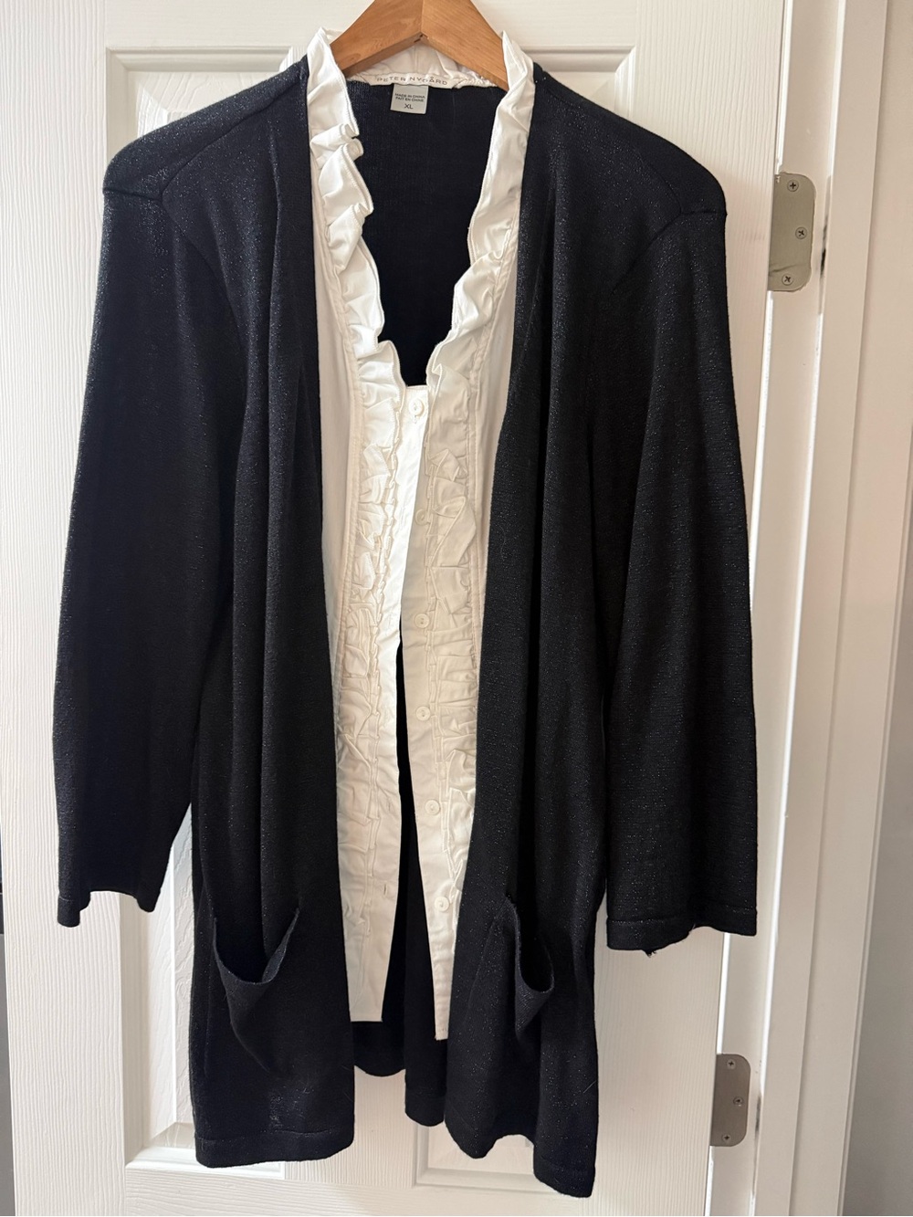 Peter Nygard Faux 2-in-1 Cardigan Ruffle Blouse Top Black White XL
